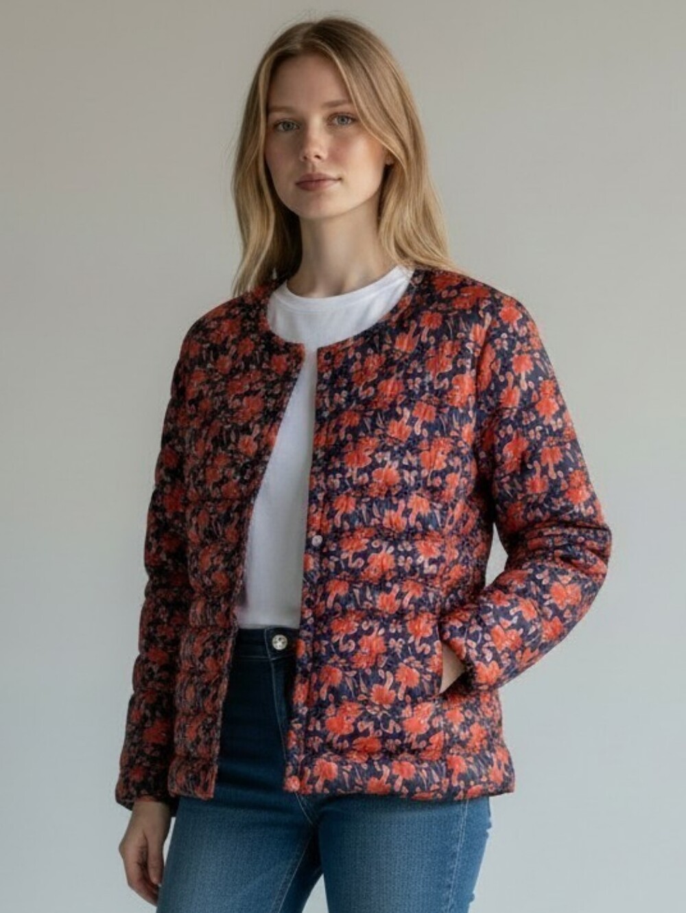 UNIQLO Lightweight Women's Floral Packable Puffer Jacket - Navy & Red